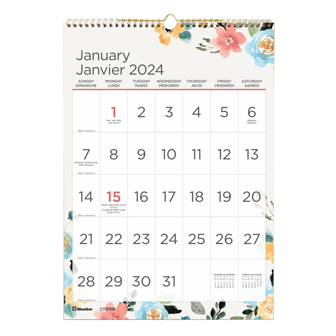 Spring Monthly Wall Calendar 2024, Bilingual