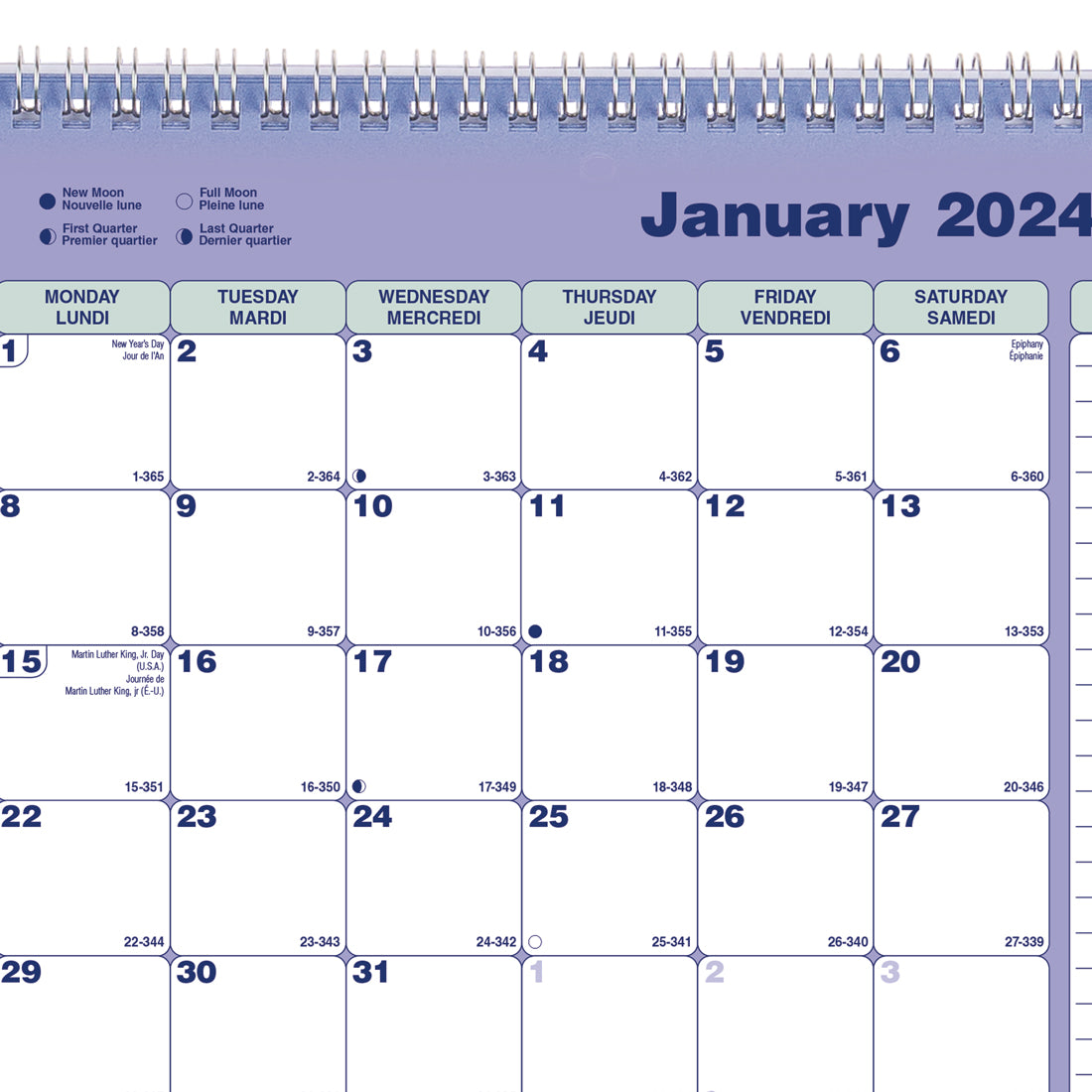 Calendrier mensuel 2024, Bilingue