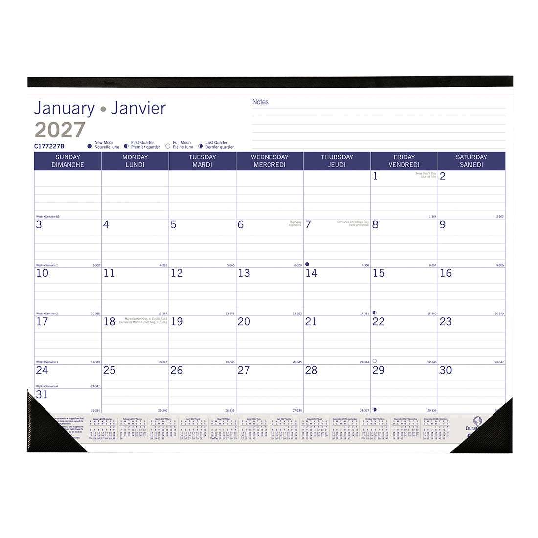 Monthly Desk Pad Calendar, DuraGlobe™, Bilingual, 2027 C177227B-27 Blueline C177227B