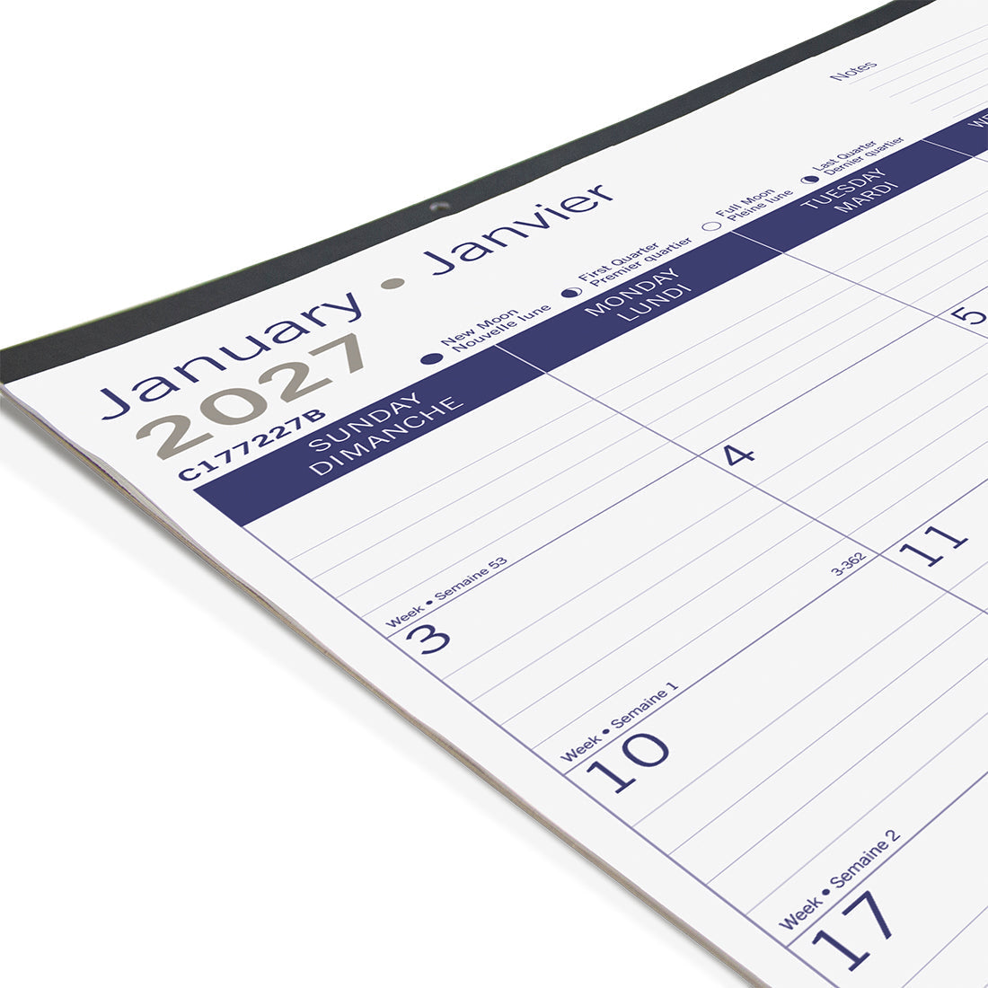 Monthly Desk Pad Calendar, DuraGlobe™, Bilingual, 2027 C177227B-27 Blueline C177227B