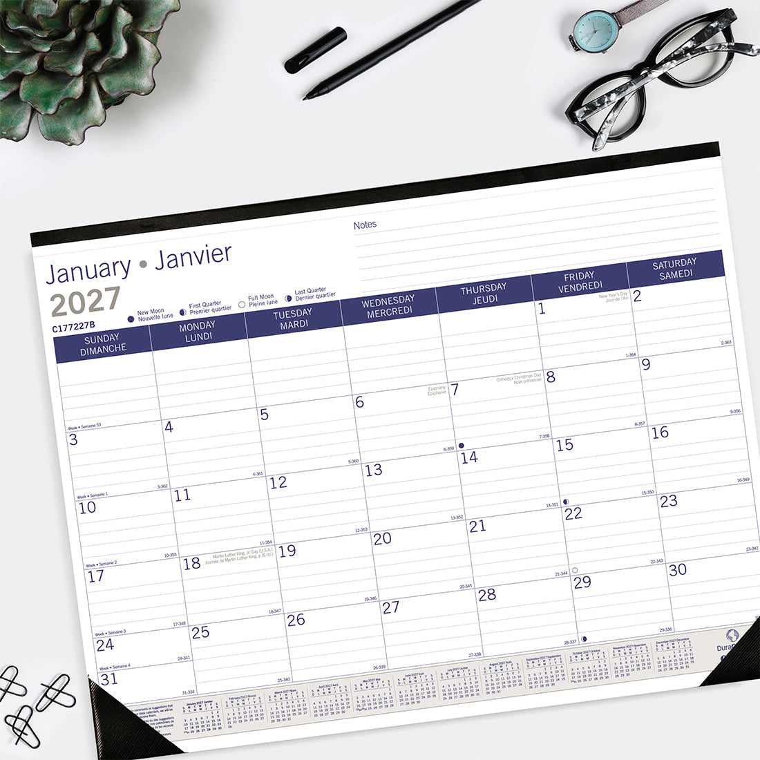 Monthly Desk Pad Calendar, DuraGlobe™, Bilingual, 2027 C177227B-27 Blueline C177227B