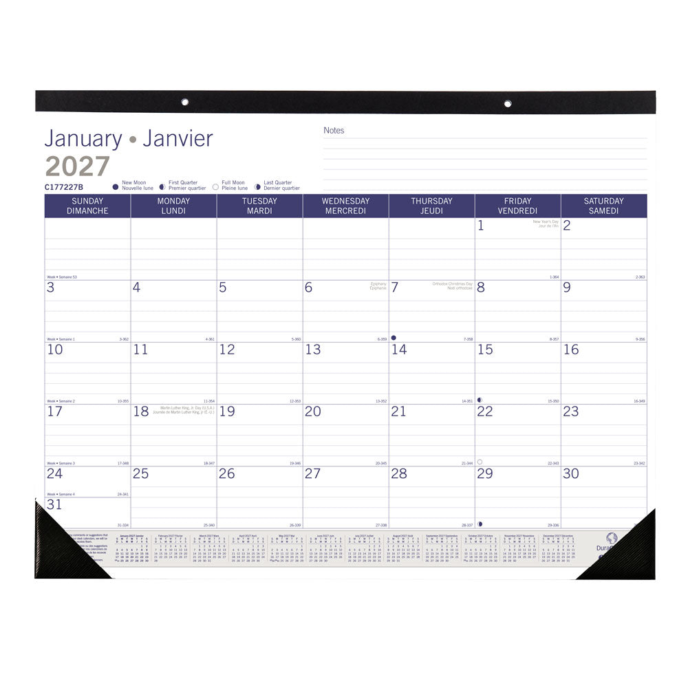 Monthly Desk Pad Calendar, DuraGlobe™, Bilingual, 2027 C177227B-27 Blueline C177227B