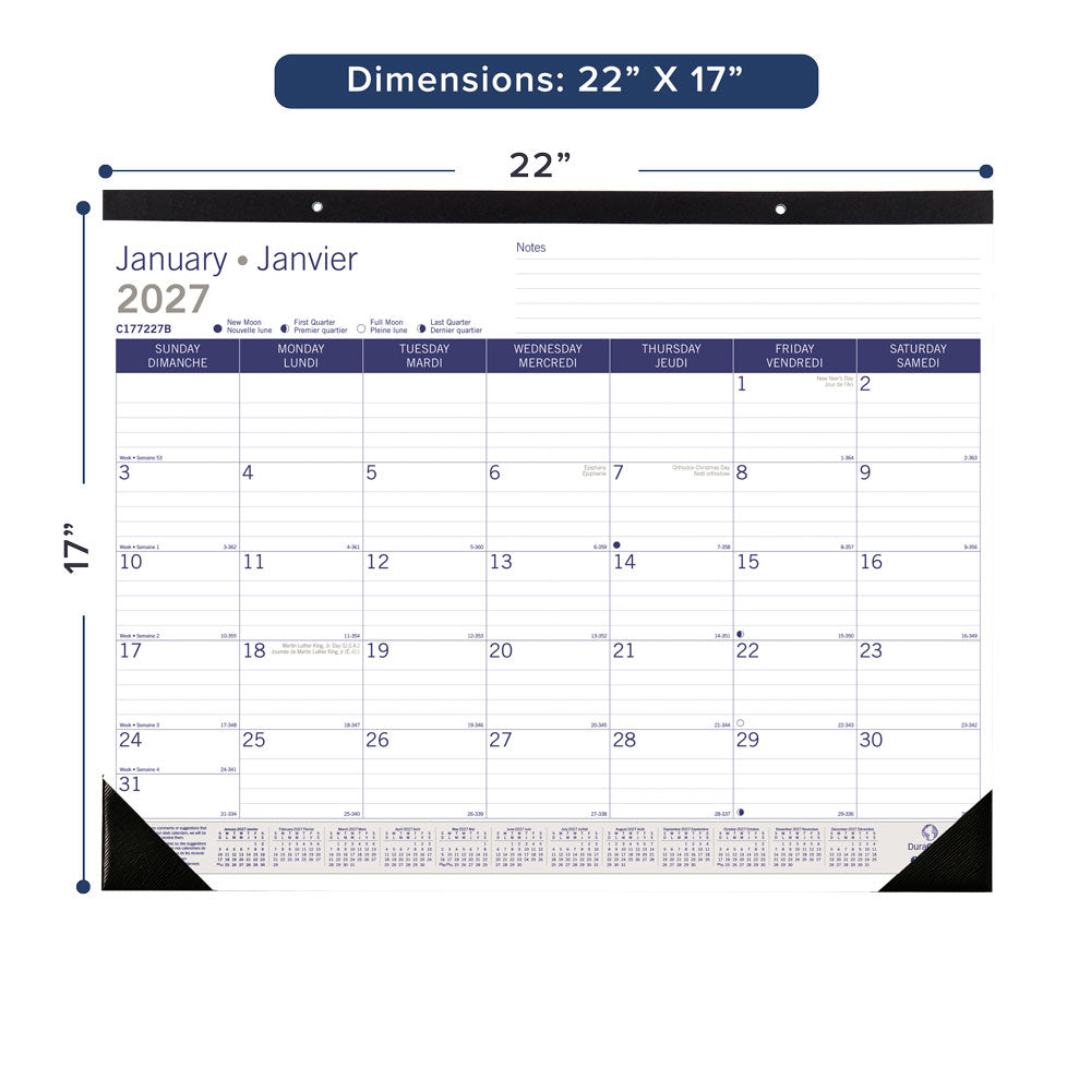 Monthly Desk Pad Calendar, DuraGlobe™, Bilingual, 2027 C177227B-27 Blueline C177227B