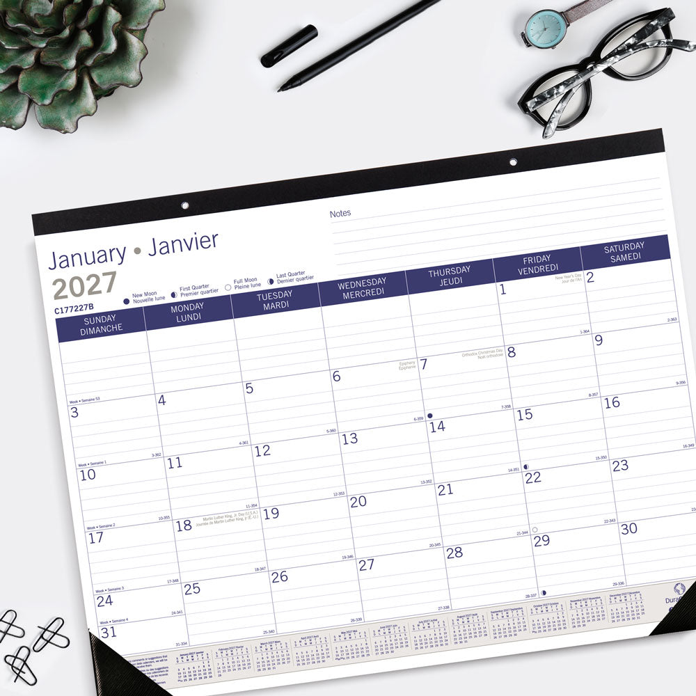 Monthly Desk Pad Calendar, DuraGlobe™, Bilingual, 2027 C177227B-27 Blueline C177227B