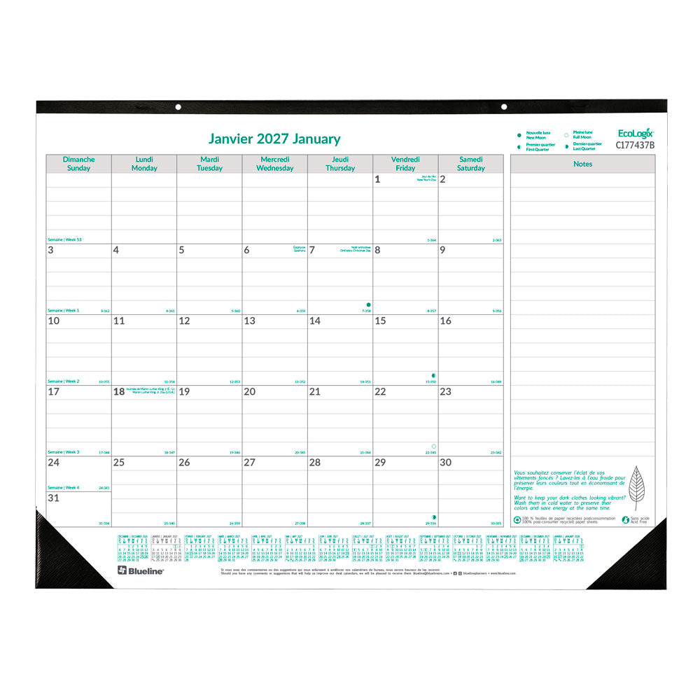 Monthly Desk Pad Calendar, EcoLogix®, Bilingual, 2027 C177437B-27 Blueline C177437B