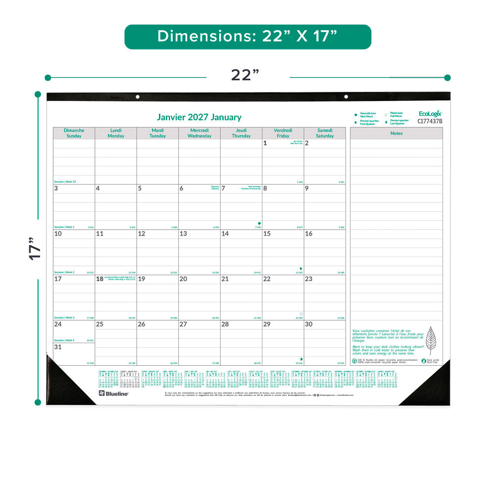 Monthly Desk Pad Calendar, EcoLogix®, Bilingual, 2027 C177437B-27 Blueline C177437B