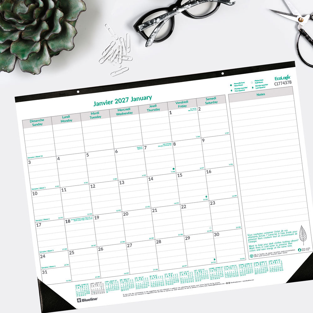 Monthly Desk Pad Calendar, EcoLogix®, Bilingual, 2027 C177437B-27 Blueline C177437B