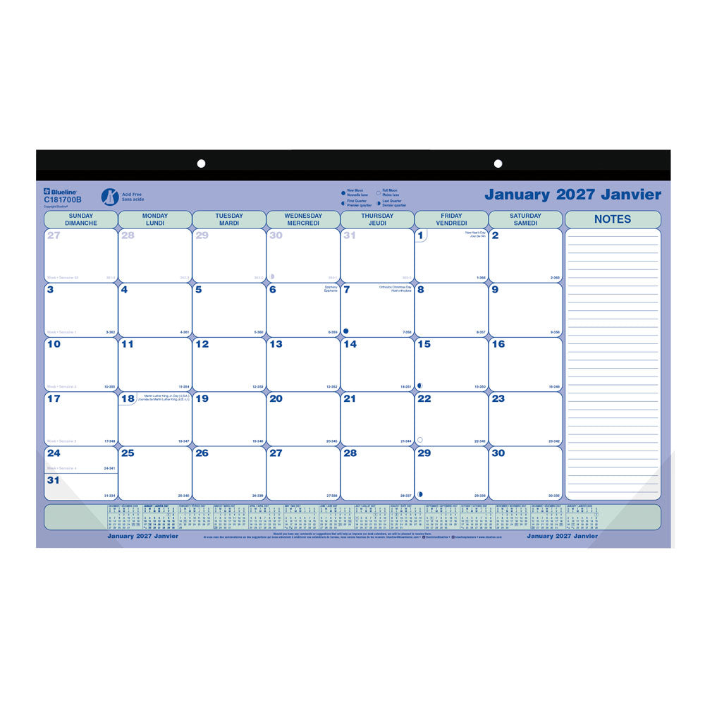 Monthly Desk Pad Calendar, Bilingual, 2027 C181700B-27 Blueline C181700B