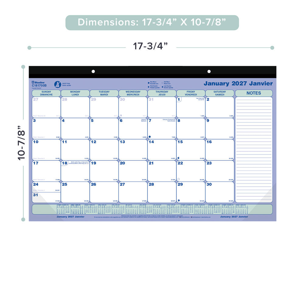 Monthly Desk Pad Calendar, Bilingual, 2027 C181700B-27 Blueline C181700B
