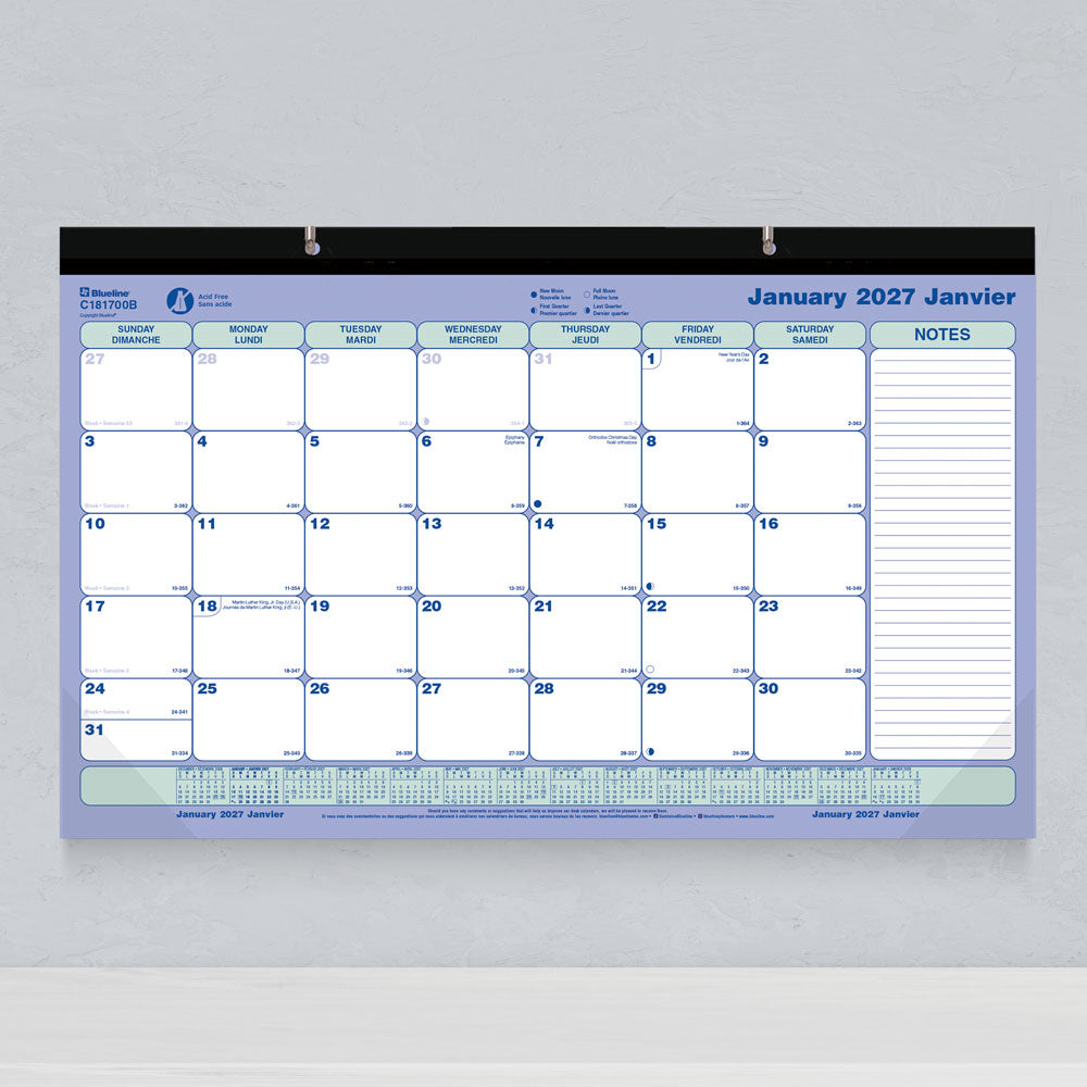 Monthly Desk Pad Calendar, Bilingual, 2027 C181700B-27 Blueline C181700B