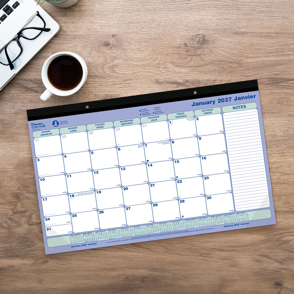 Monthly Desk Pad Calendar, Bilingual, 2027 C181700B-27 Blueline C181700B