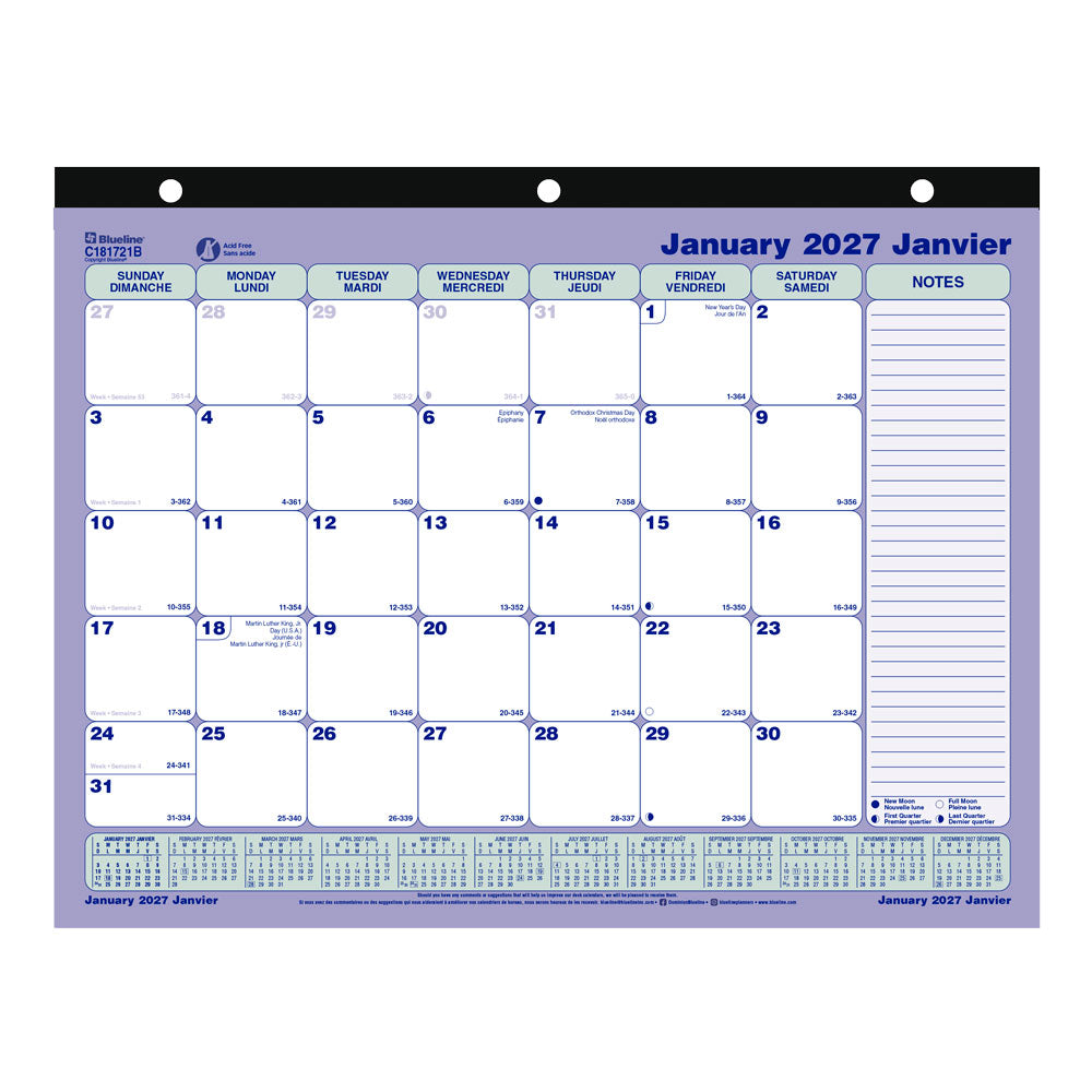 Monthly Desk Pad Calendar, Bilingual, 2027 C181721B-27 Blueline C181721B