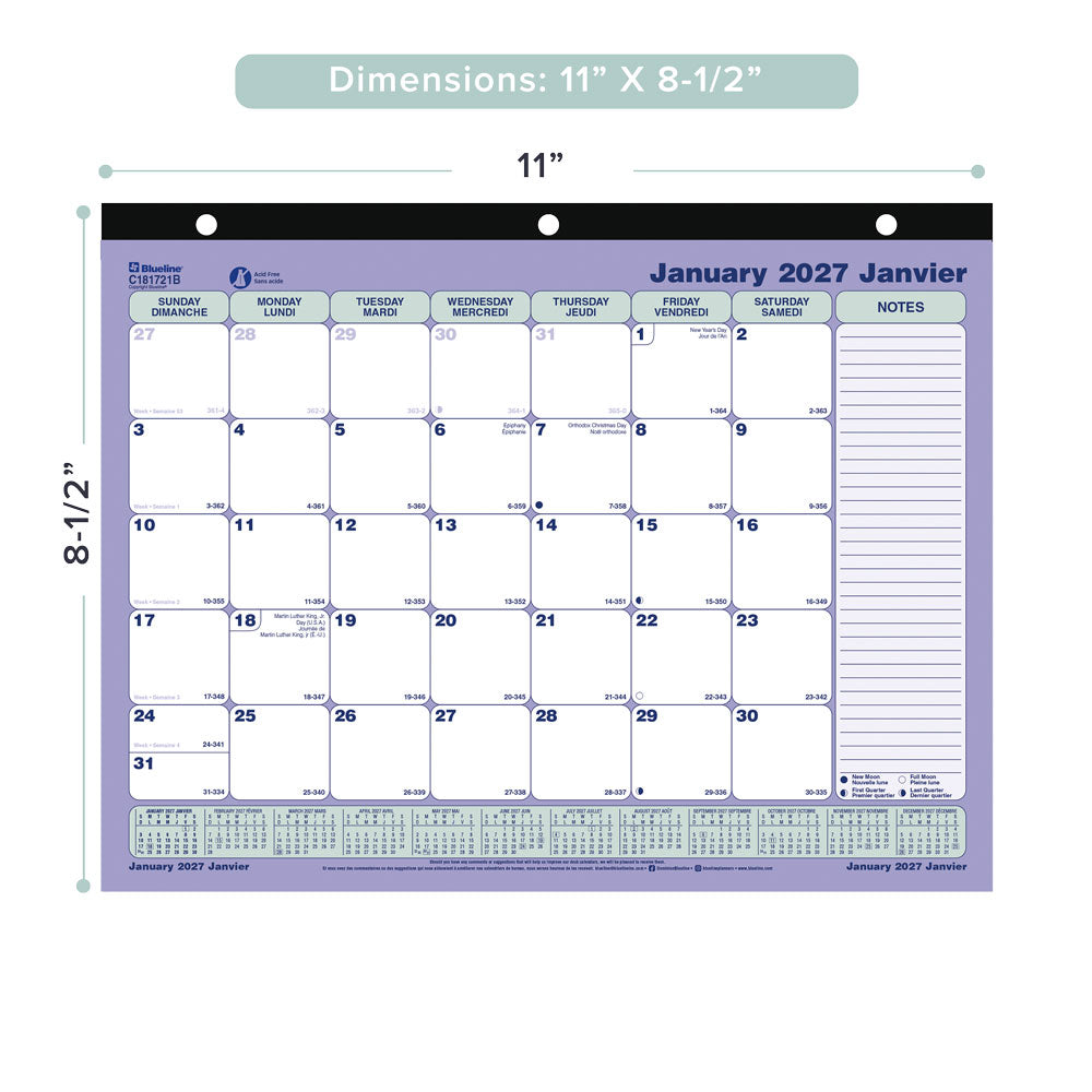 Monthly Desk Pad Calendar, Bilingual, 2027 C181721B-27 Blueline C181721B