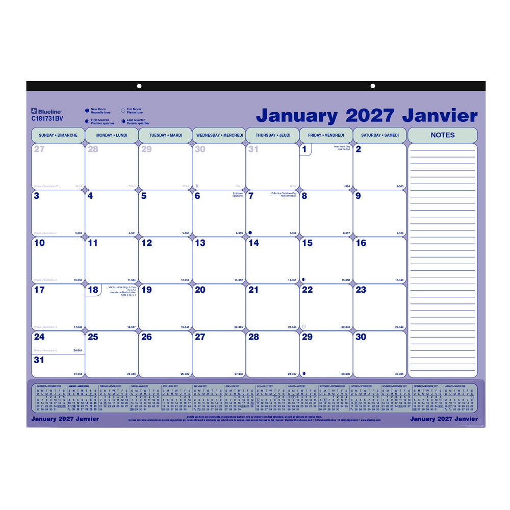 Monthly Desk Pad Calendar, Bilingual, 2027 C181731BV-27 Blueline C181731BV