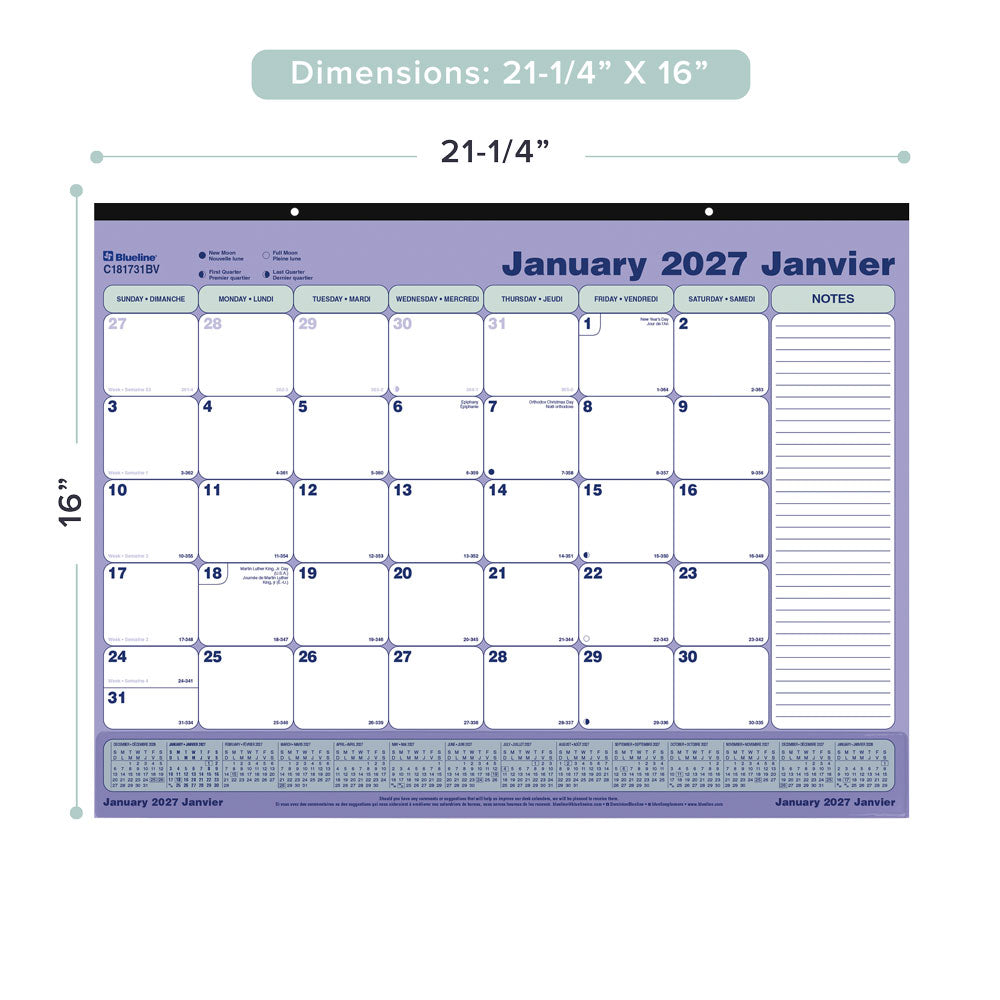 Monthly Desk Pad Calendar, Bilingual, 2027 C181731BV-27 Blueline C181731BV