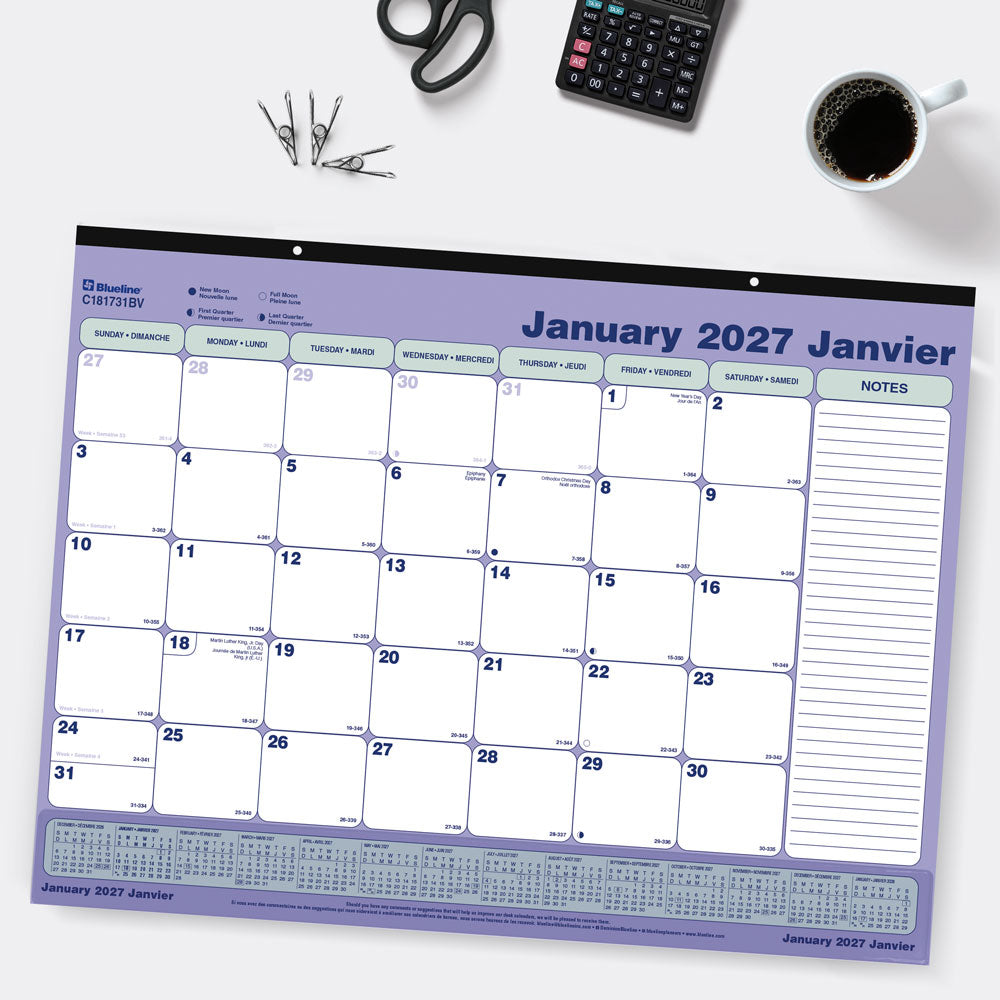 Monthly Desk Pad Calendar, Bilingual, 2027 C181731BV-27 Blueline C181731BV