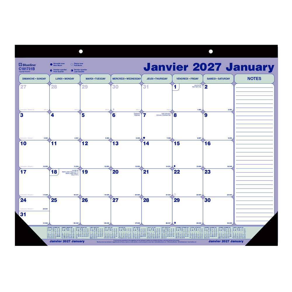 Monthly Desk Pad Calendar, Bilingual, 2027 C181731B-27 Blueline C181731B