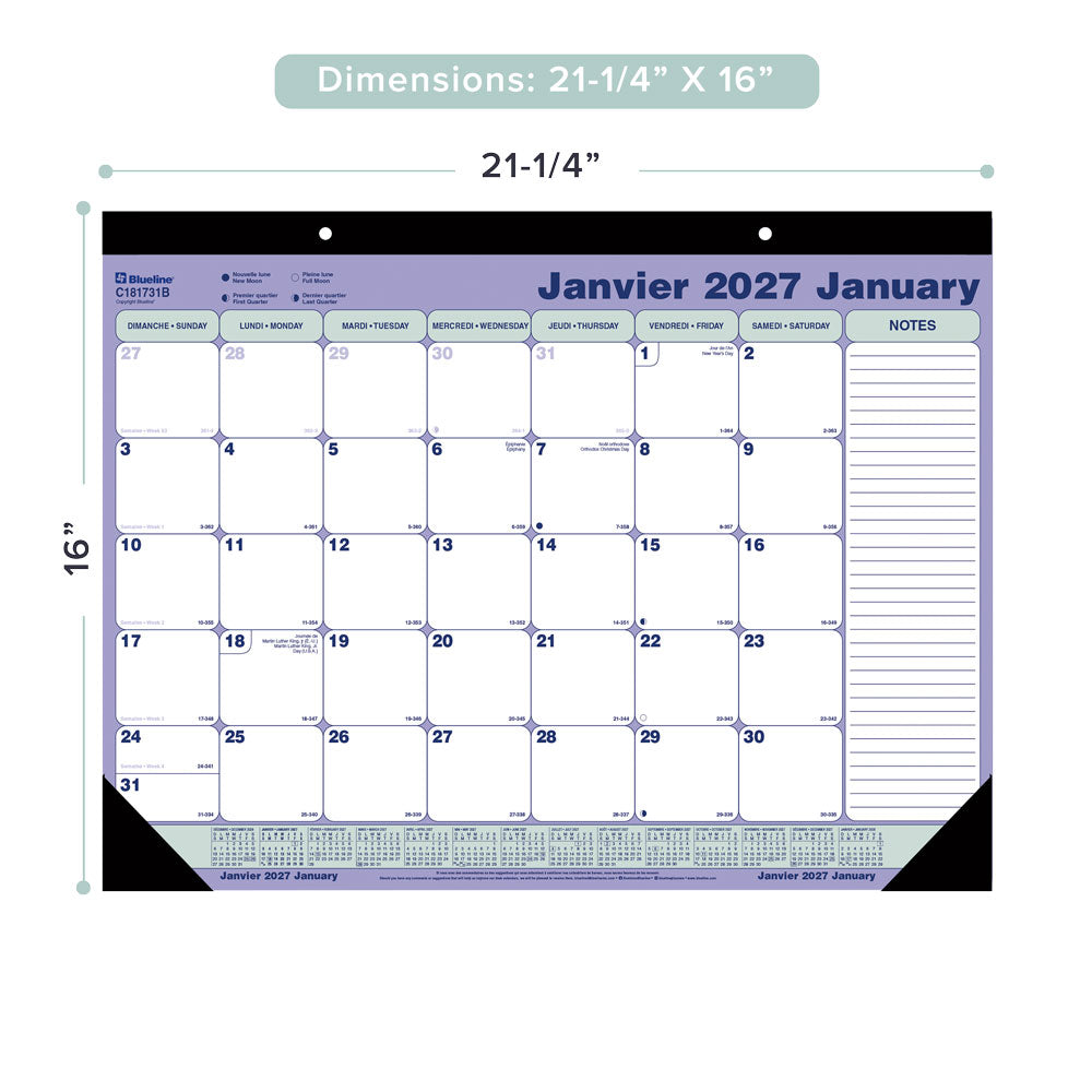 Monthly Desk Pad Calendar, Bilingual, 2027 C181731B-27 Blueline C181731B
