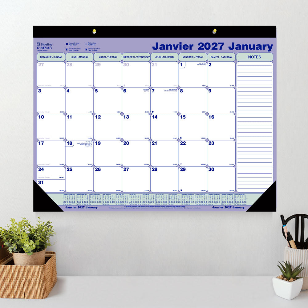 Monthly Desk Pad Calendar, Bilingual, 2027 C181731B-27 Blueline C181731B