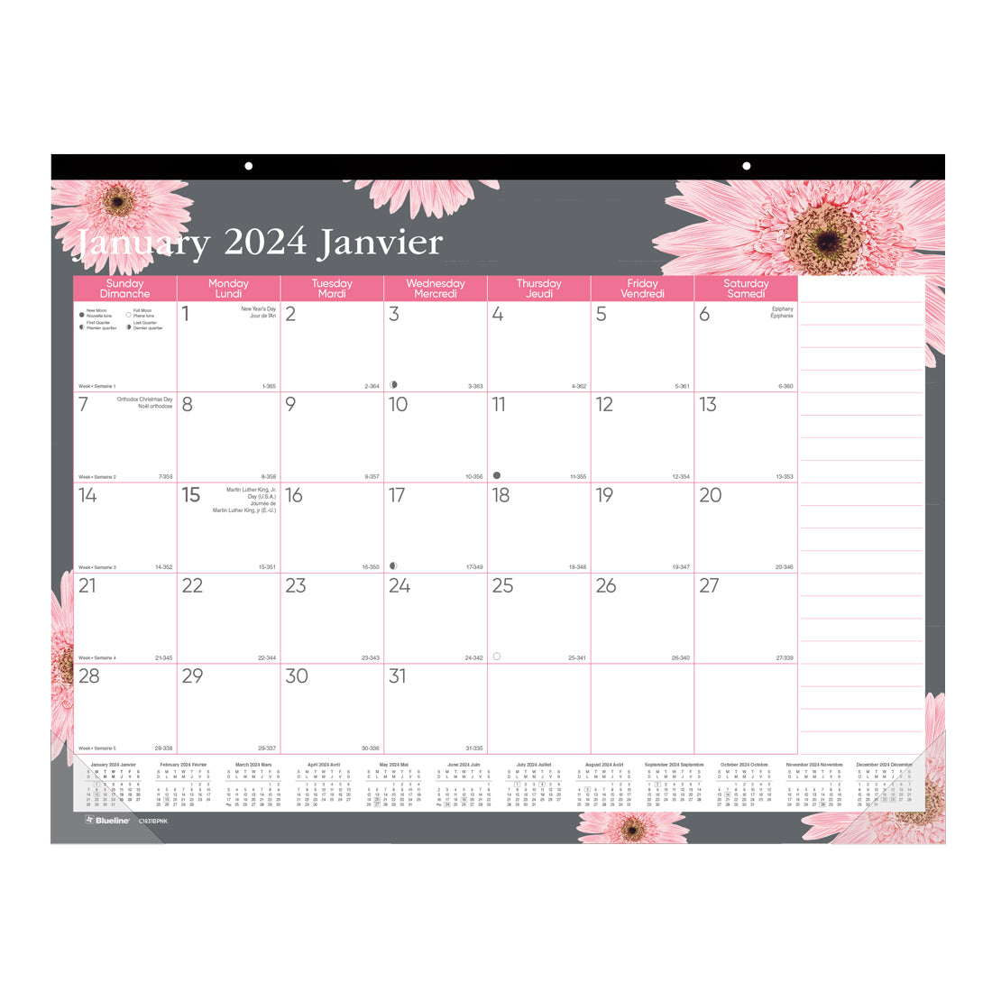 Pink Ribbon Monthly Desk Pad 2024, Bilingual, Pink Daisy Design
