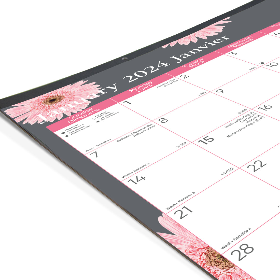 Pink Ribbon Monthly Desk Pad 2024, Bilingual, Pink Daisy Design<br>*2024 Edition now sold out