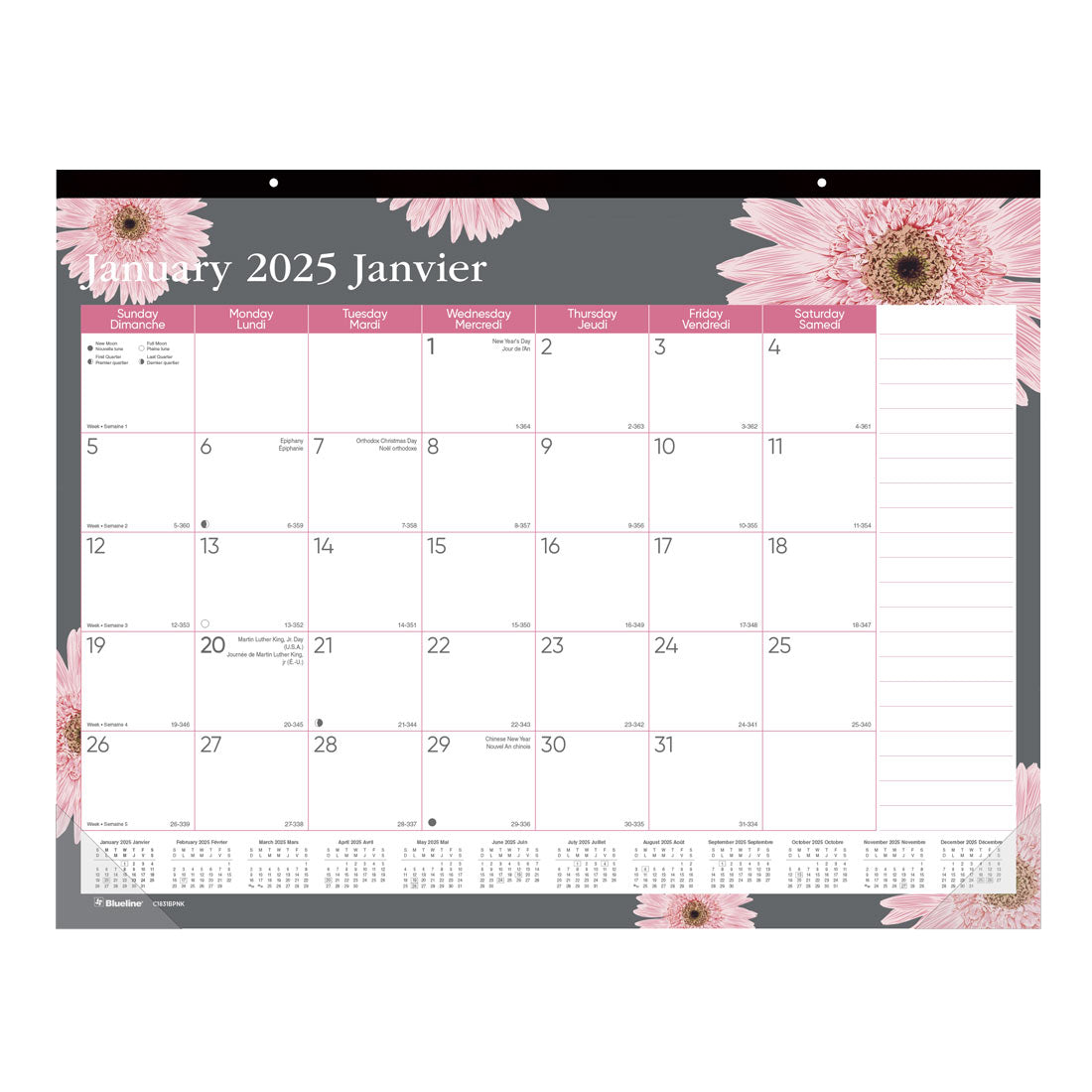 Pink Ribbon Monthly Desk Pad 2025, Bilingual, Pink Daisy Design, C1831BPNK