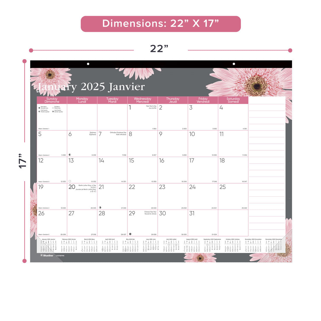 Pink Ribbon Monthly Desk Pad 2025, Bilingual, Pink Daisy Design, C1831BPNK