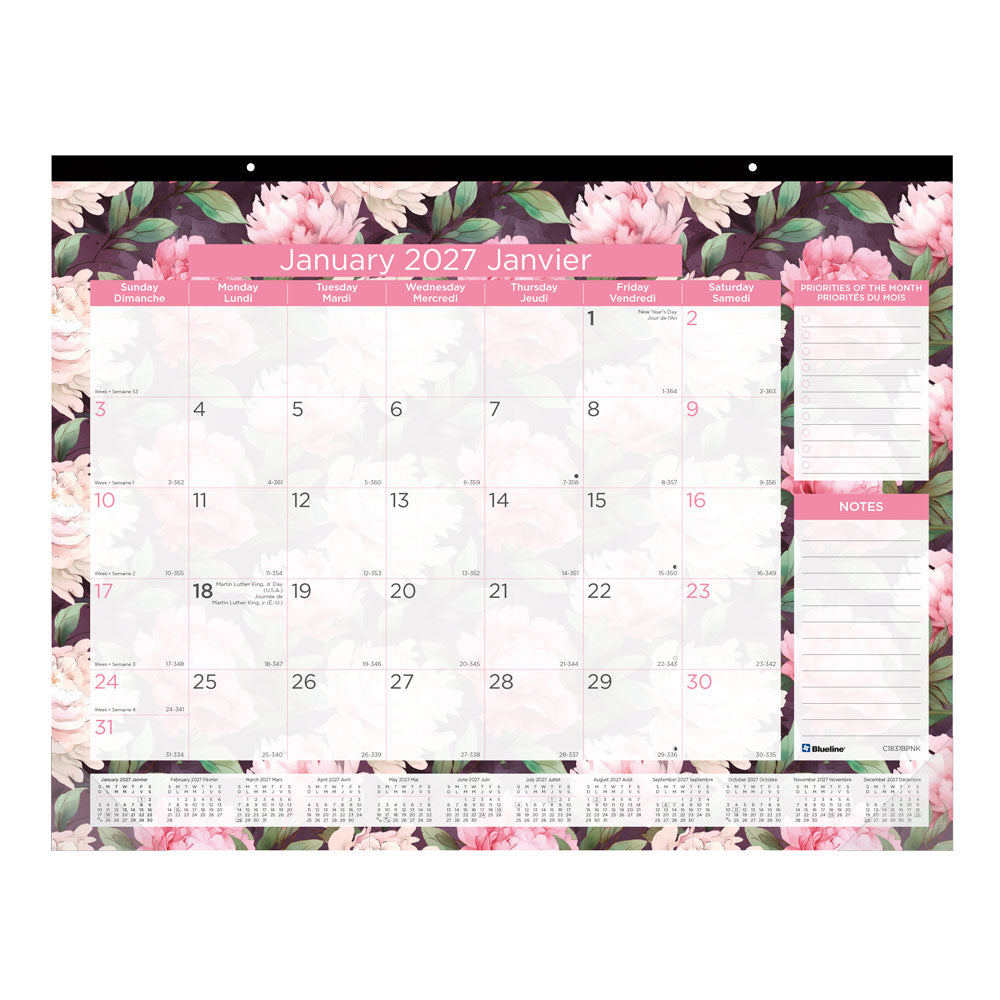 Monthly Desk Pad Calendar, Pink, Bilingual, 2027 C1831BPNK-27 Blueline C1831BPNK