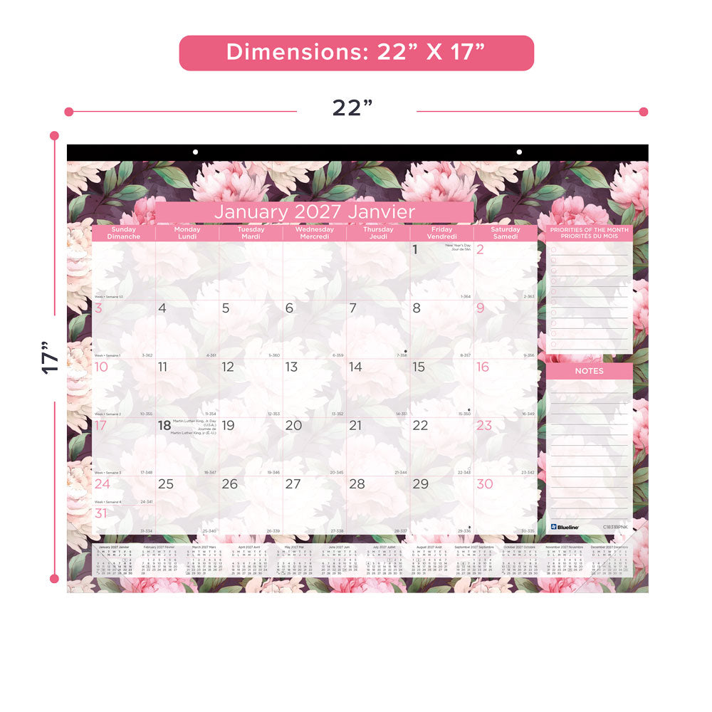 Monthly Desk Pad Calendar, Pink, Bilingual, 2027 C1831BPNK-27 Blueline C1831BPNK