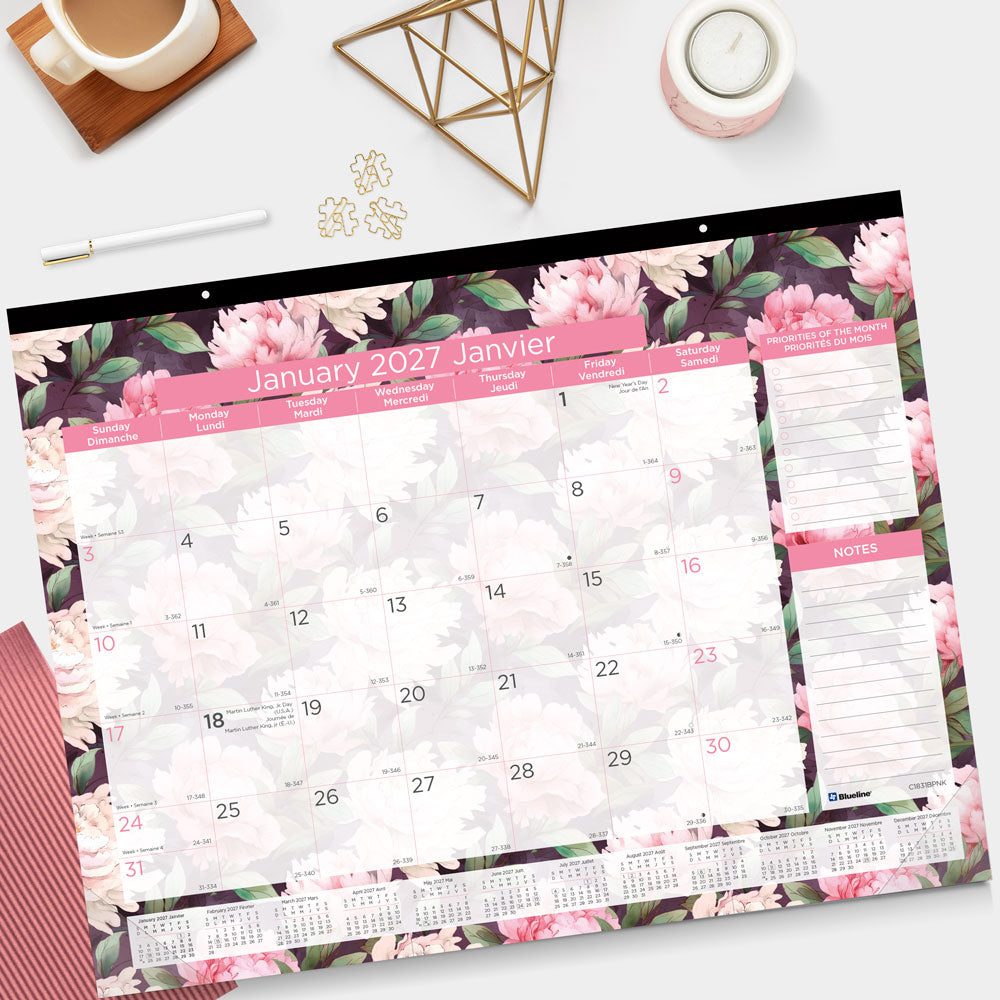 Monthly Desk Pad Calendar, Pink, Bilingual, 2027 C1831BPNK-27 Blueline C1831BPNK