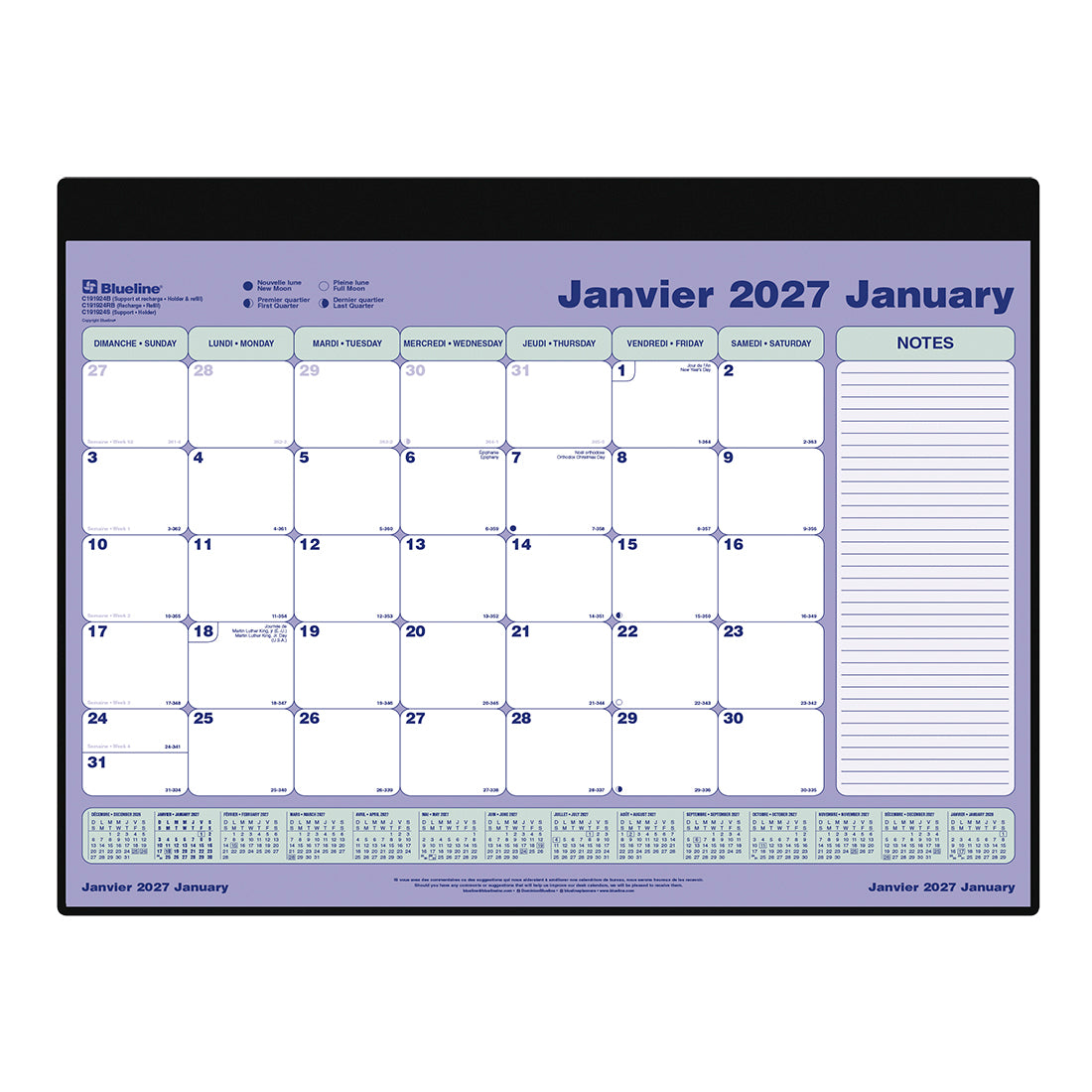 Monthly Desk Pad Calendar, Bilingual, 2027 C191924B-27 Blueline C191924B