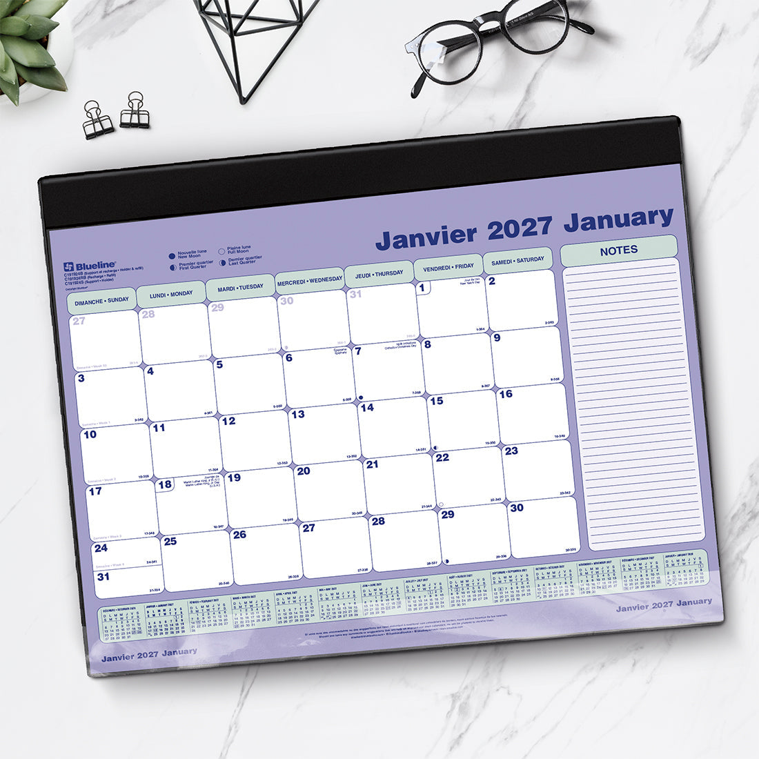 Monthly Desk Pad Calendar, Bilingual, 2027 C191924B-27 Blueline C191924B