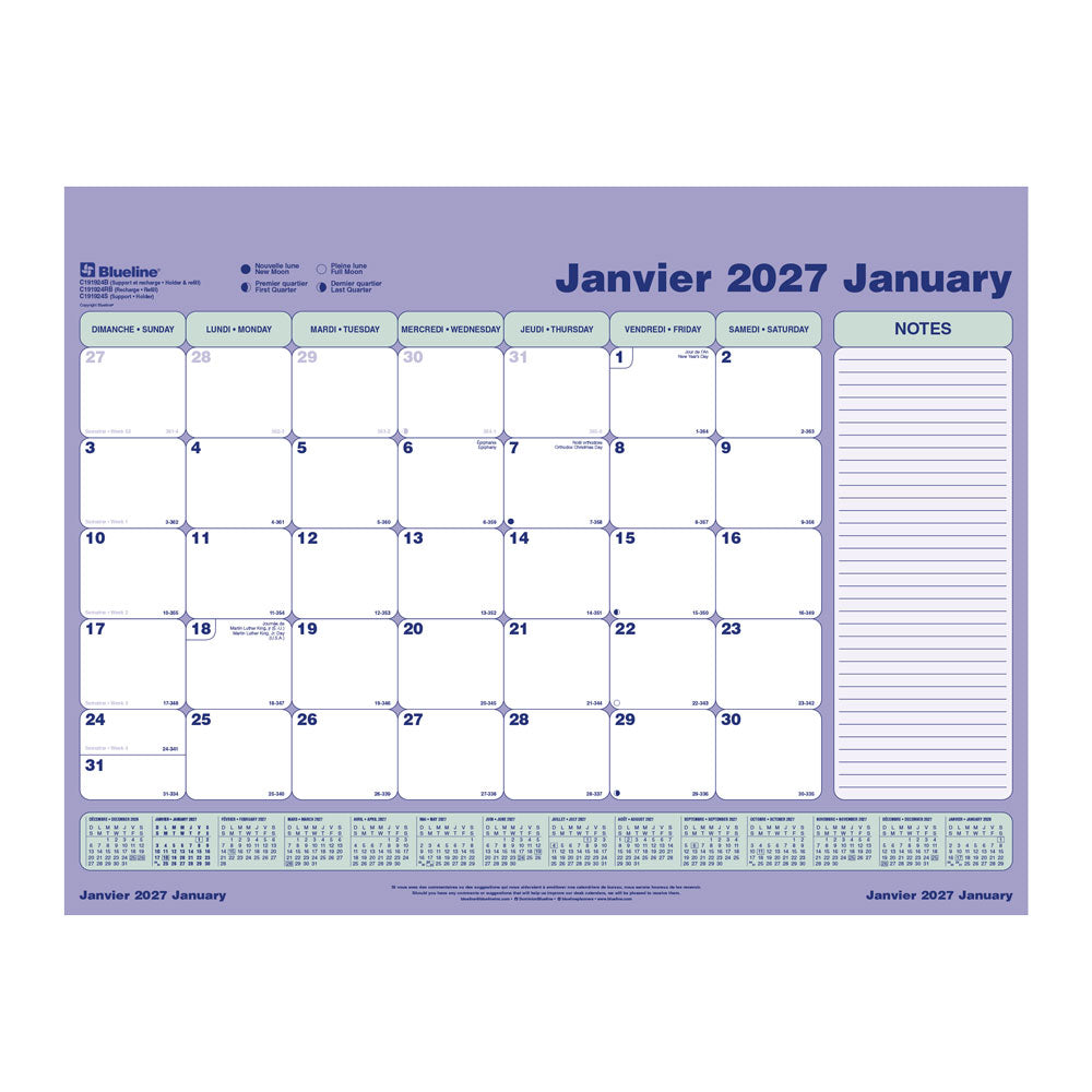 Monthly Desk Pad Calendar, Bilingual, 2027 C191924RB-27 Blueline C191924RB