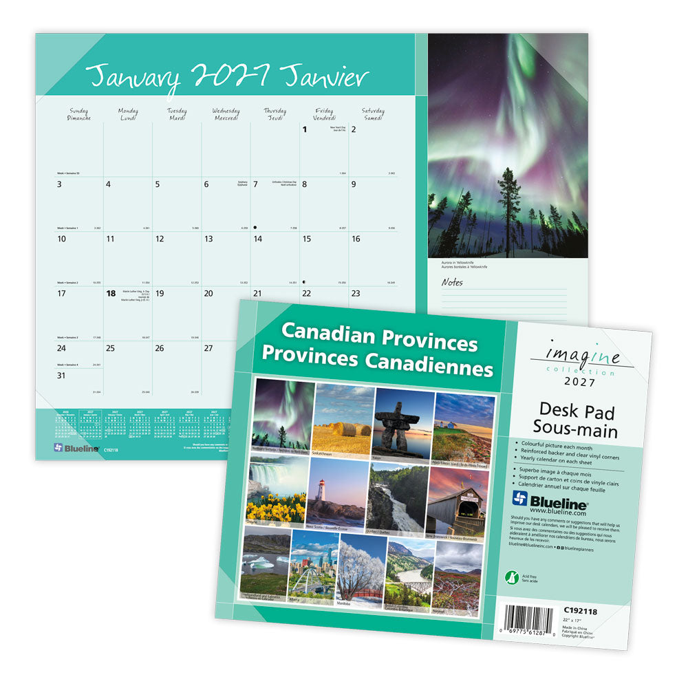 Monthly Desk Pad Calendar, Canadian Provinces, Bilingual, 2027 C192118-27 Blueline C192118