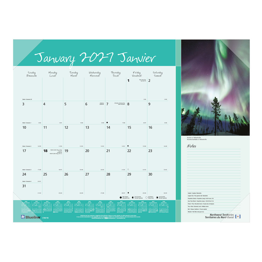 Monthly Desk Pad Calendar, Canadian Provinces, Bilingual, 2027 C192118-27 Blueline C192118
