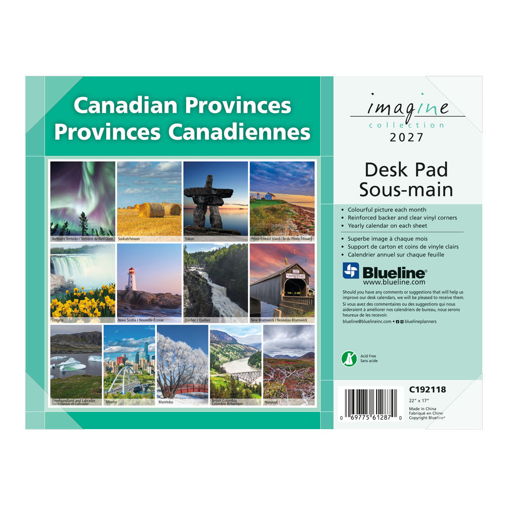 Monthly Desk Pad Calendar, Canadian Provinces, Bilingual, 2027 C192118-27 Blueline C192118