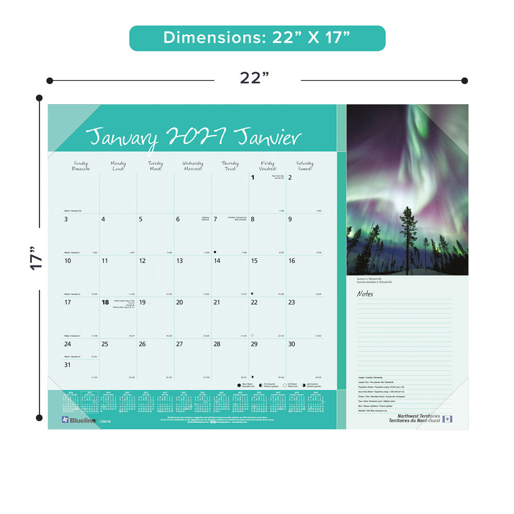 Monthly Desk Pad Calendar, Canadian Provinces, Bilingual, 2027 C192118-27 Blueline C192118