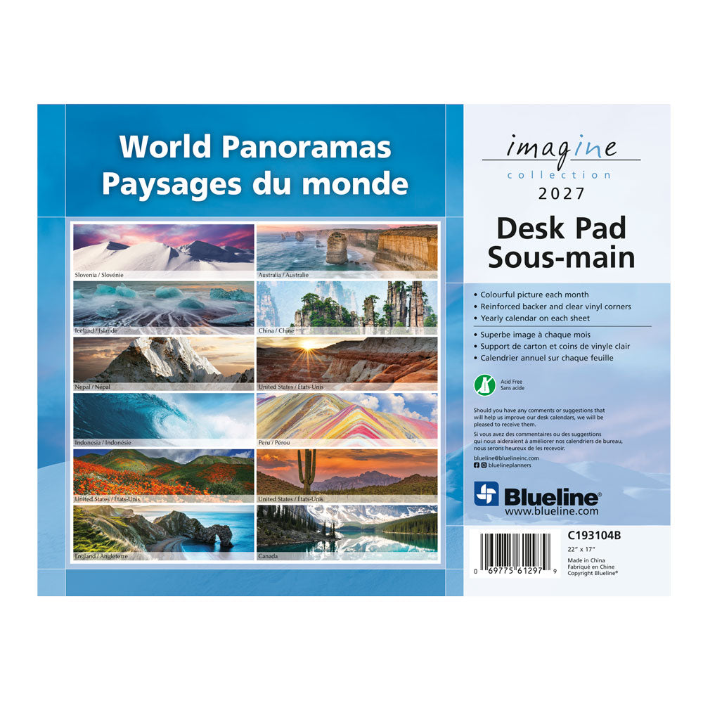 Monthly Desk Pad Calendar, World Panoramas, Bilingual, 2027 C193104B-27 Blueline C193104B