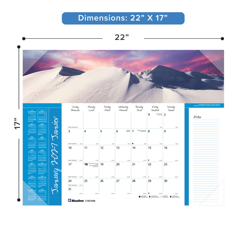 Monthly Desk Pad Calendar, World Panoramas, Bilingual, 2027 C193104B-27 Blueline C193104B