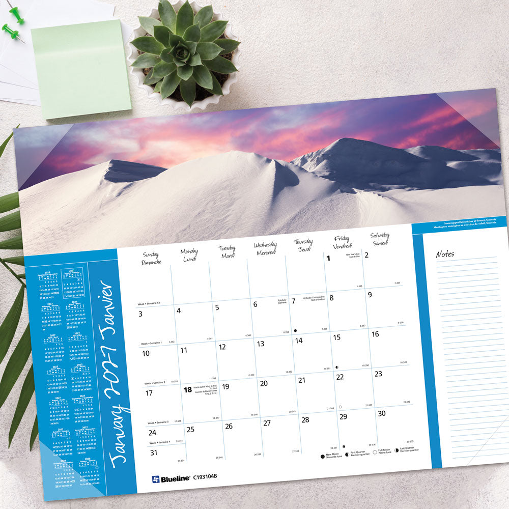 Monthly Desk Pad Calendar, World Panoramas, Bilingual, 2027 C193104B-27 Blueline C193104B
