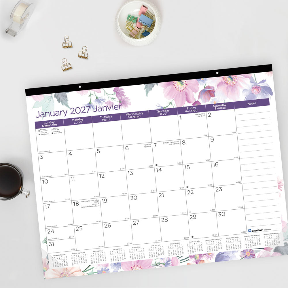 Monthly Desk Pad Calendar, Passion, Bilingual, 2027 C194113B-27 Blueline C194113B