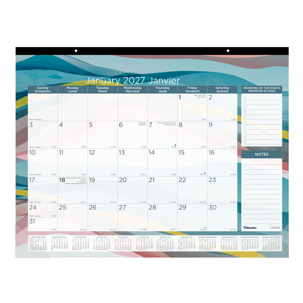 Monthly Desk Pad Calendar, Azure, Bilingual, 2027 C194125B-27 Blueline C194125B