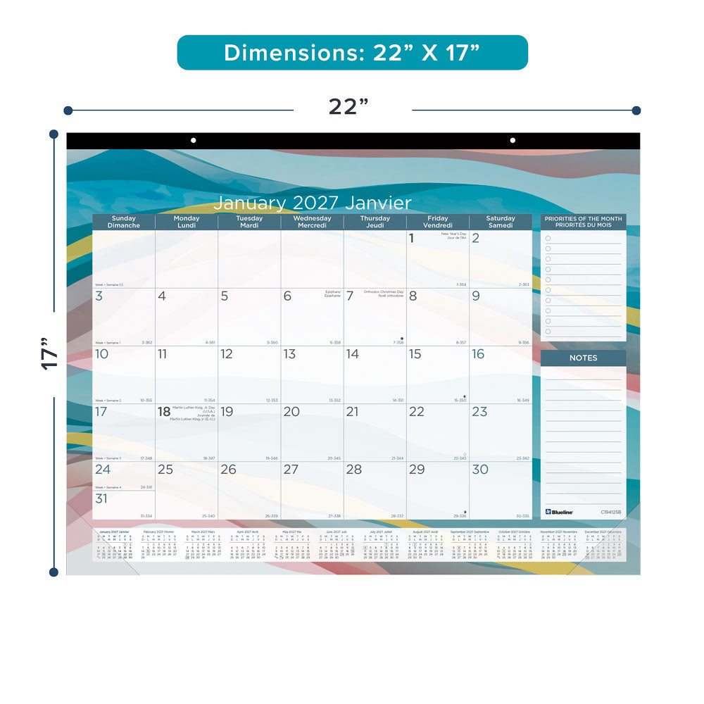 Monthly Desk Pad Calendar, Azure, Bilingual, 2027 C194125B-27 Blueline C194125B