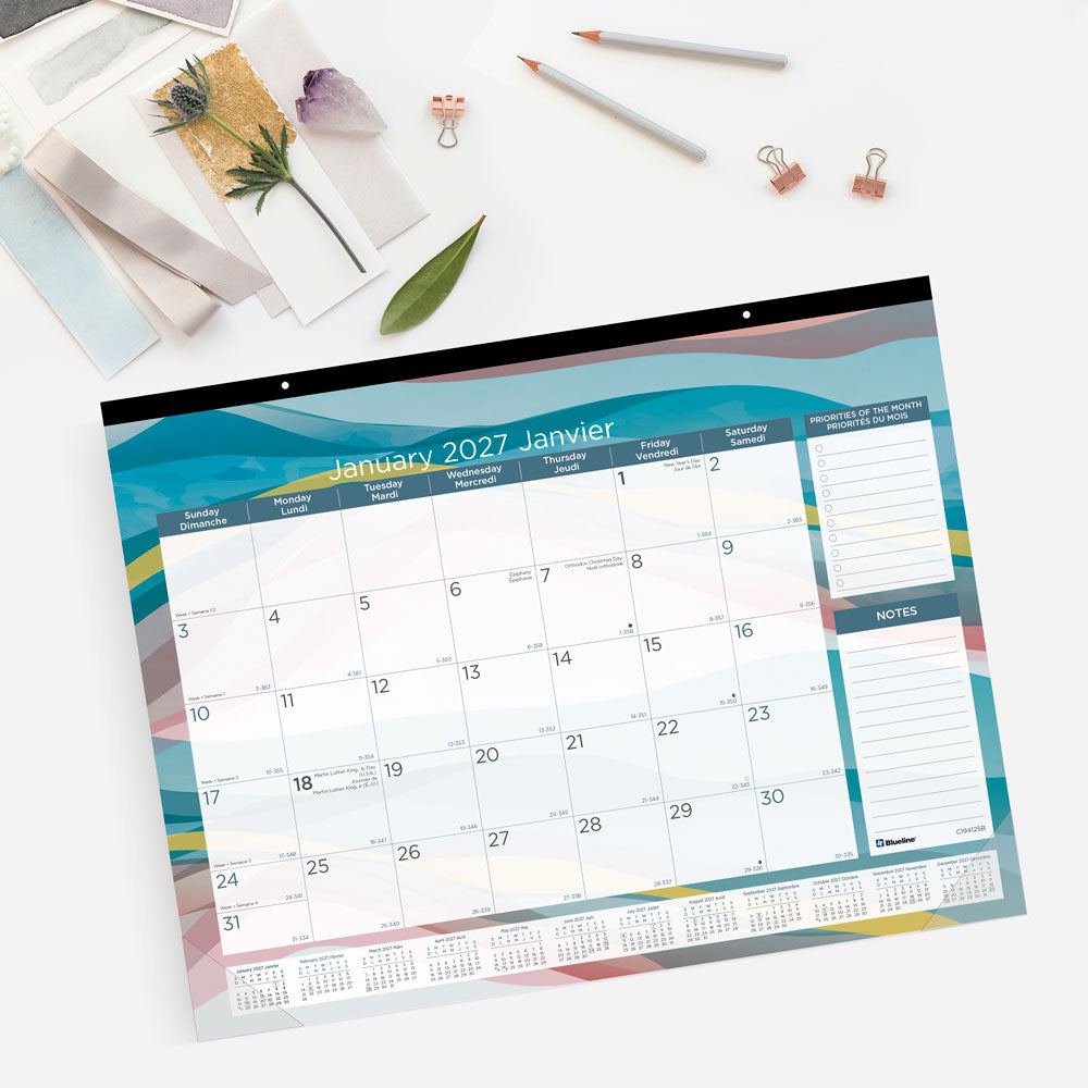 Monthly Desk Pad Calendar, Azure, Bilingual, 2027 C194125B-27 Blueline C194125B