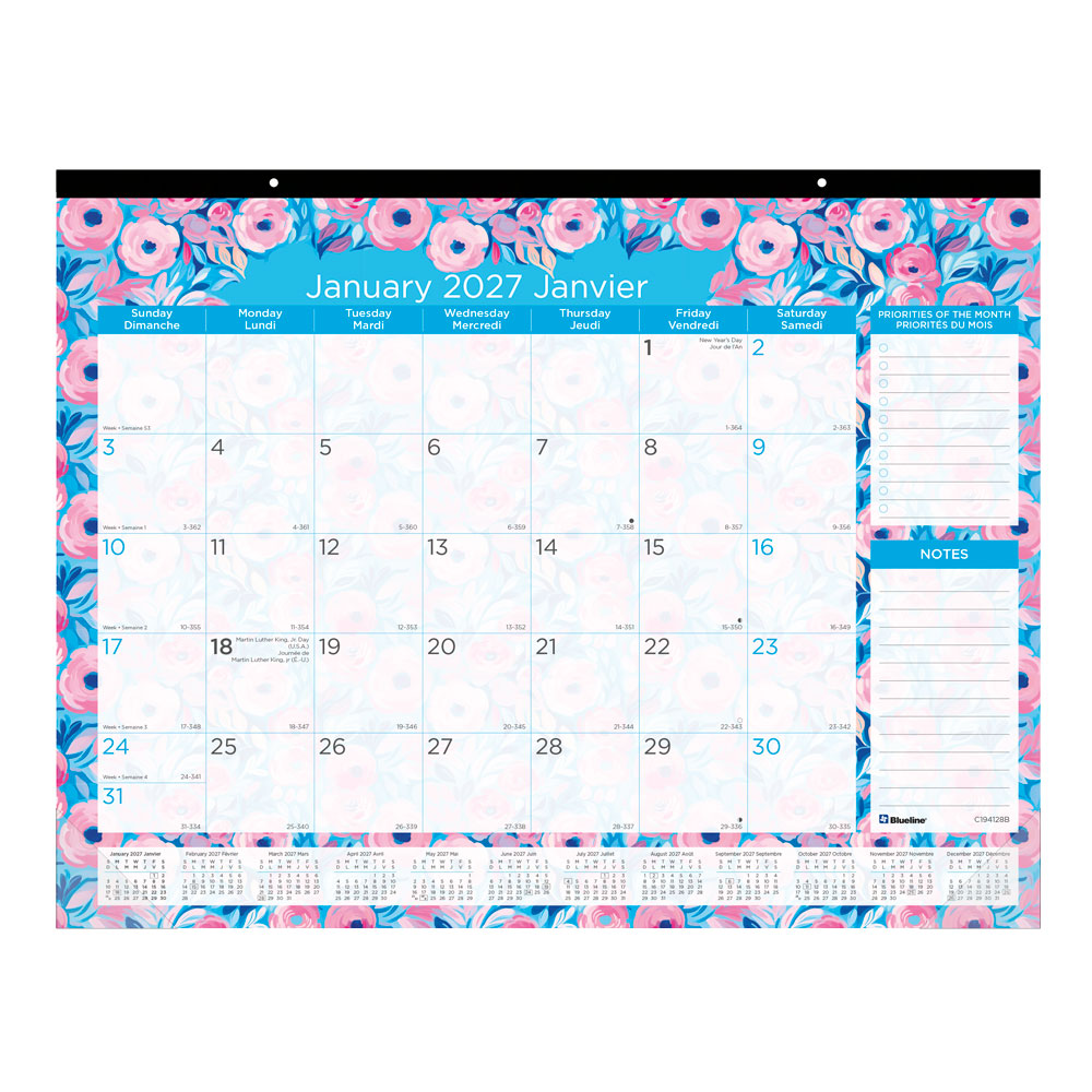 Monthly Desk Pad Calendar, Floral, Bilingual, 2027 C194128B-27 Blueline C194128B