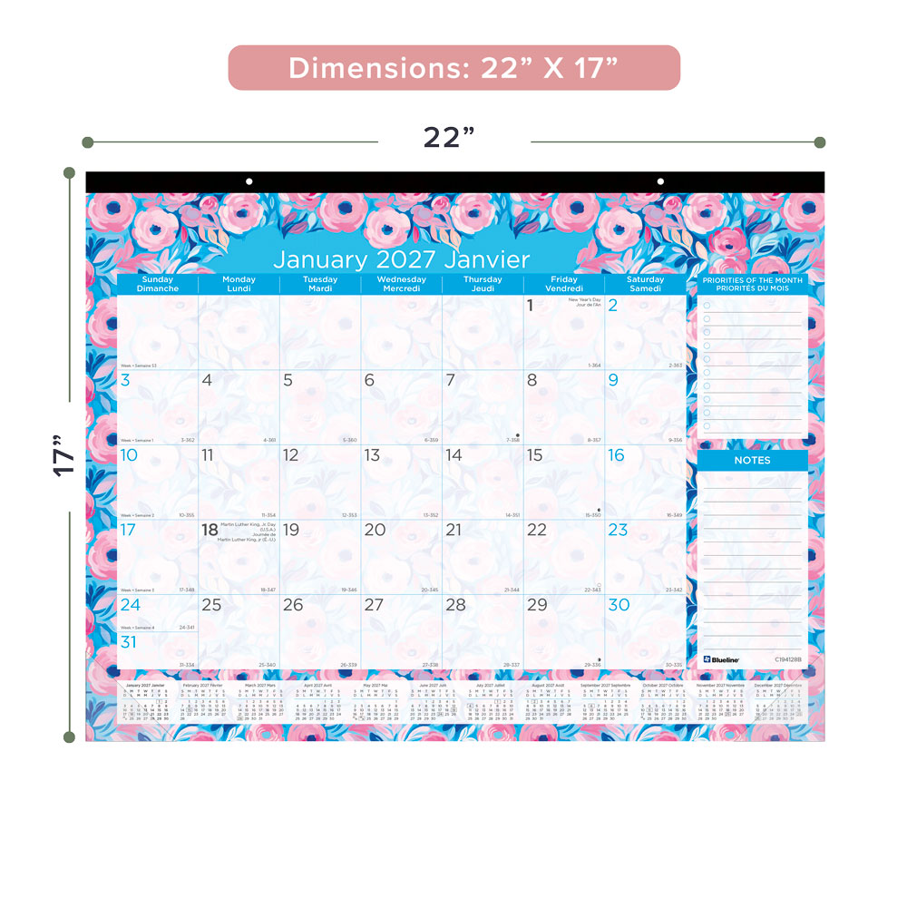 Monthly Desk Pad Calendar, Floral, Bilingual, 2027 C194128B-27 Blueline C194128B