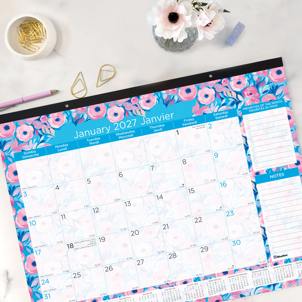 Monthly Desk Pad Calendar, Floral, Bilingual, 2027 C194128B-27 Blueline C194128B