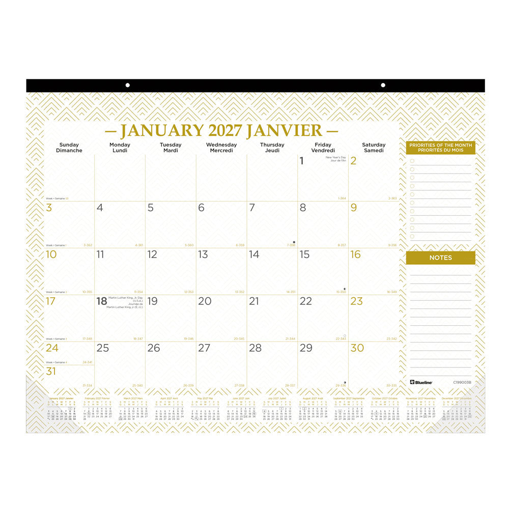 Monthly Desk Pad Calendar, Classic Gold, Bilingual, 2027 C199003B-27 Blueline C199003B