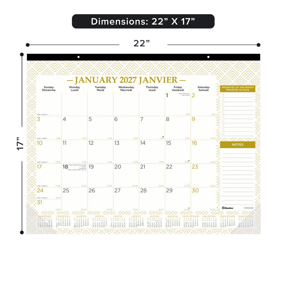 Monthly Desk Pad Calendar, Classic Gold, Bilingual, 2027 C199003B-27 Blueline C199003B