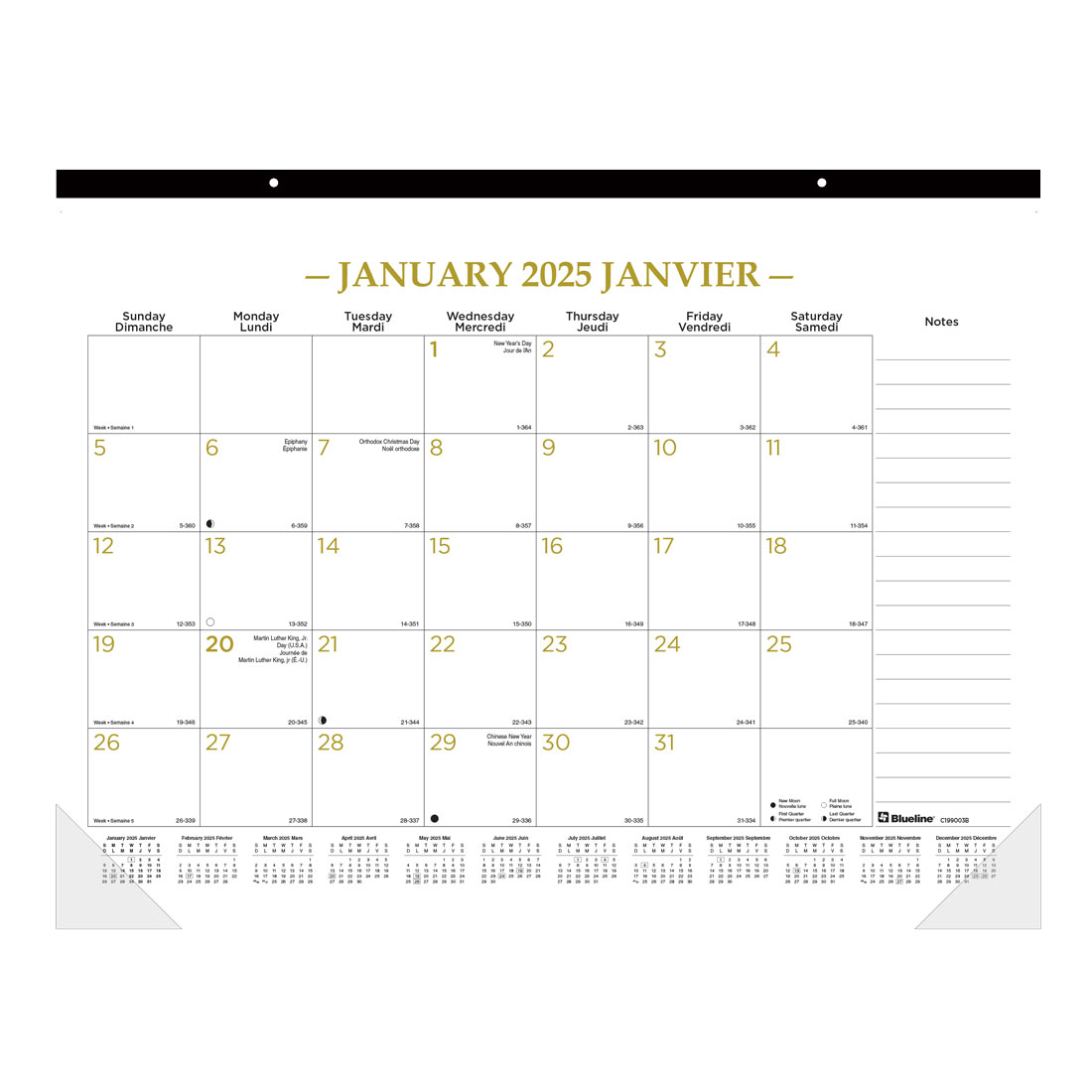 Gold Monthly Desk Pad 2025, Bilingual, C199003B